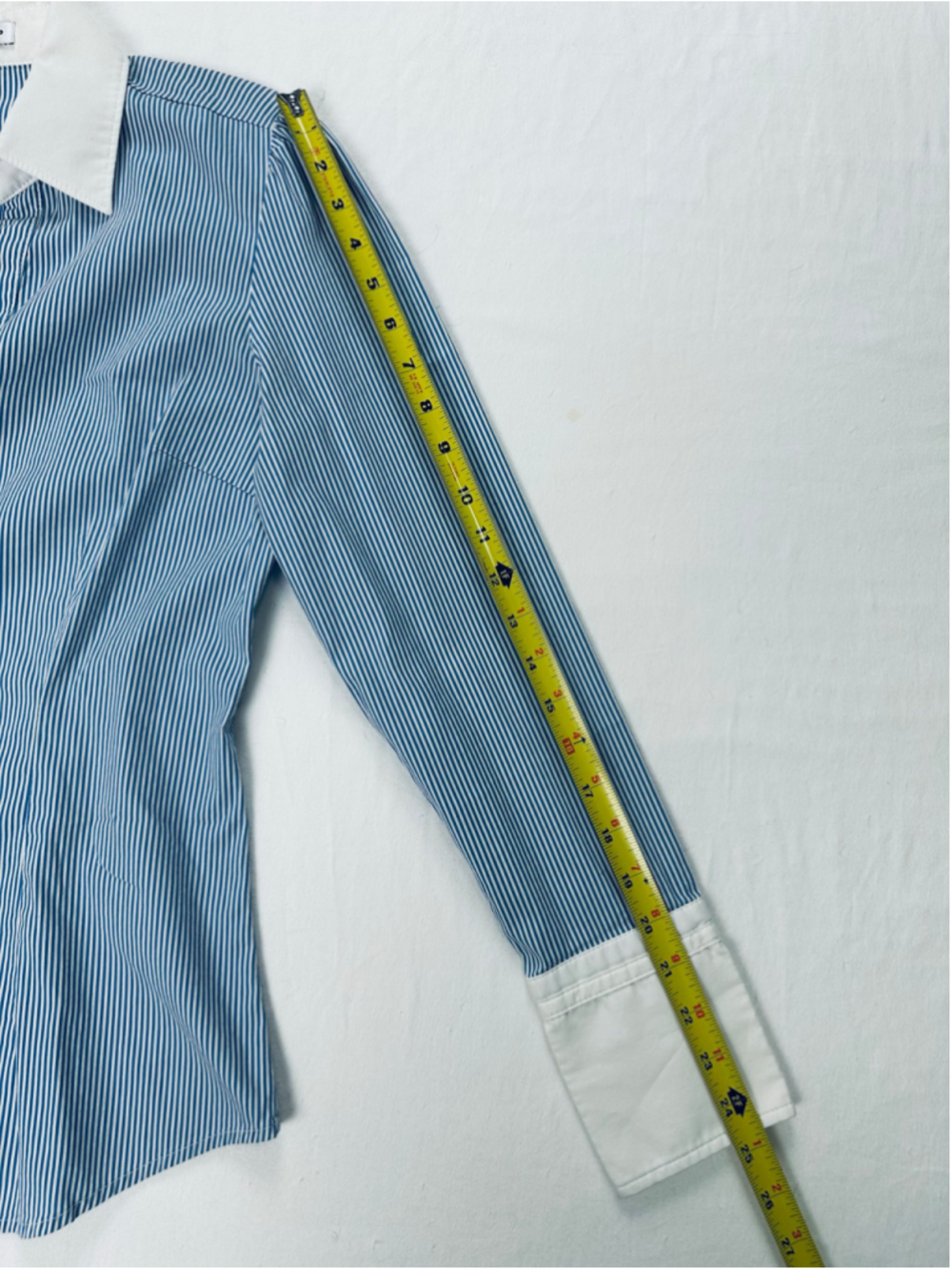 Express Design Studio Blue White Pinstripe Contrast Cuff Button Career Blouse - Picture 4 of 13